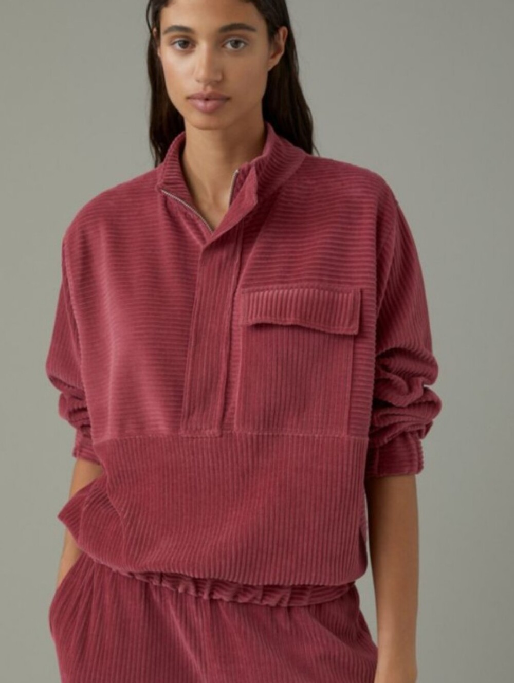 Closed Corduroy Half.Zip Pullover Oversized Pocket